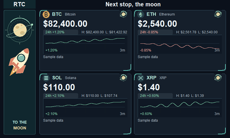 To the Moon four-card skin, captured from native viewer widgets with illustrative sample data.